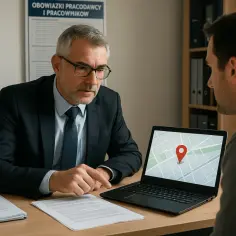Mężczyzna w garniturze pomaga w szukaniu pracy z wpisem do KRK, zatrudnienie z wyrokiem w życiorysie. Na ekranie laptopa mapa z pinezką.