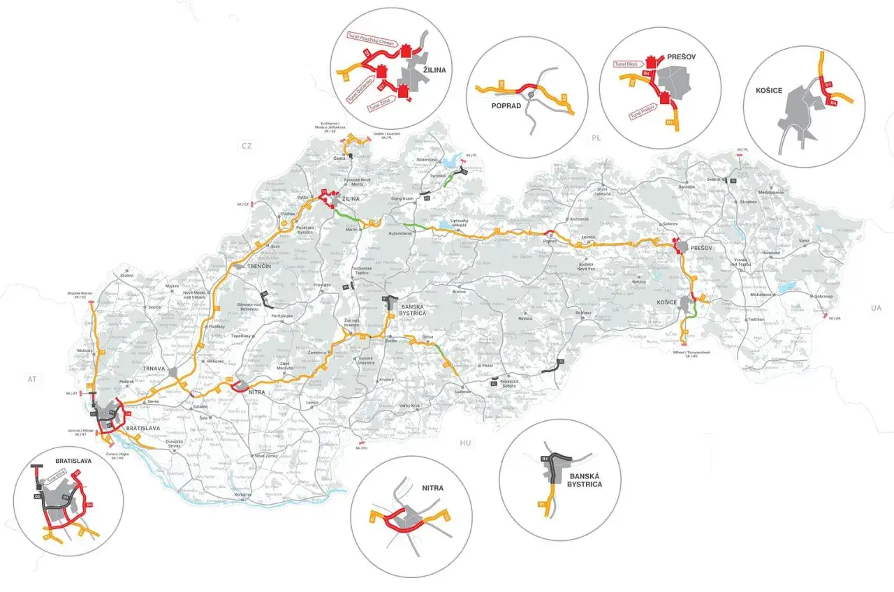 Mapa Słowacji z zaznaczonymi drogami i miastami. Ułatwia planowanie podróży i zwrot za bilety autostradowe i winiety bez faktury na delegacji.