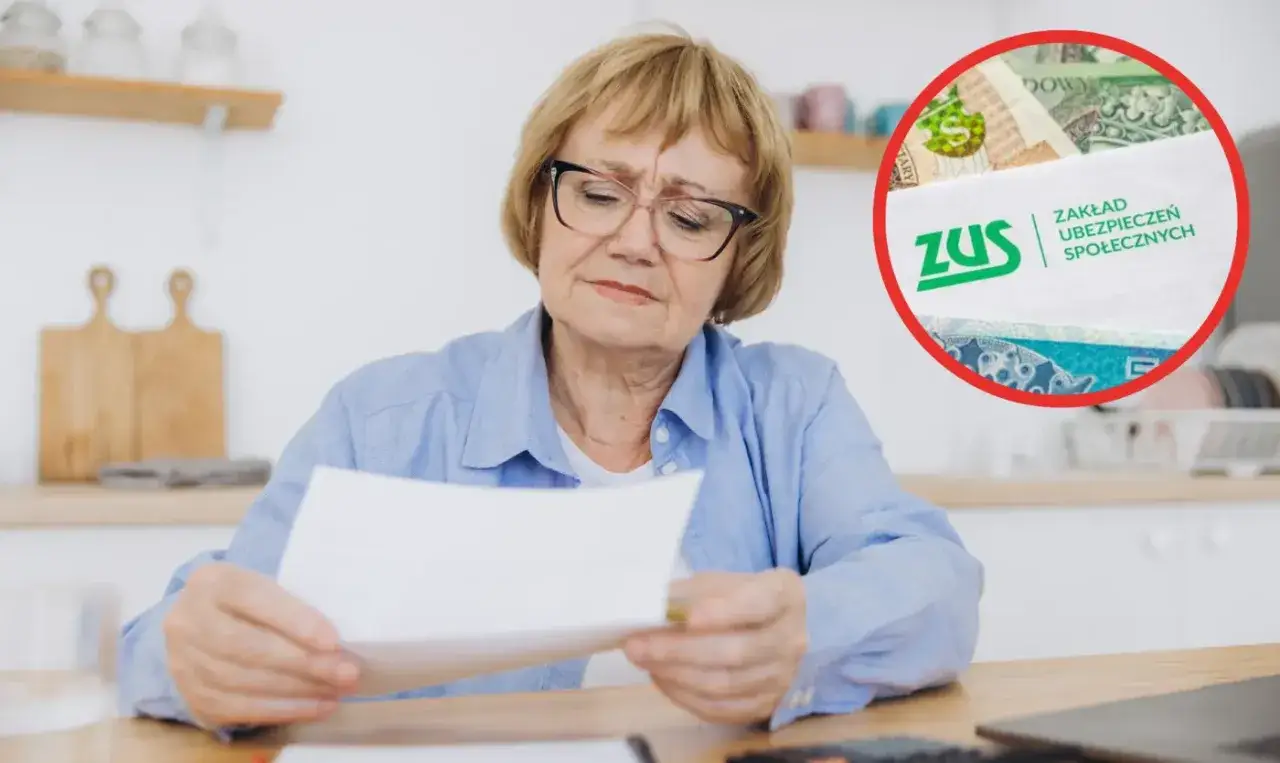Zmartwiona kobieta analizuje dokumenty dotyczące stażu z urzędu pracy, ubezpieczenia społecznego i lat liczących się do emerytury.